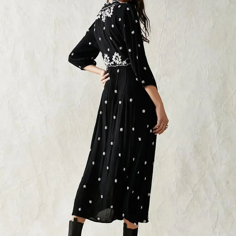Free People Embroidered Fable Midi Dress Black White Midi Maxi Size S